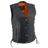 Milwaukee Leather women's black leather V-neck motorcycle rider vest with side lace details and front snap closure.