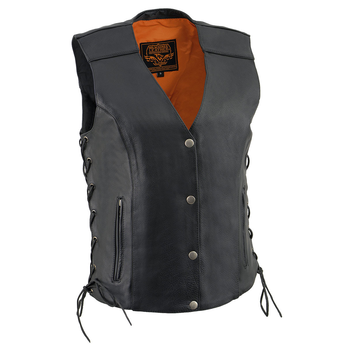 Milwaukee Leather women's black leather V-neck motorcycle rider vest with side lace details and front snap closure.