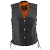 Milwaukee Leather women's black leather V-neck motorcycle vest with side laces and front snap closure, shown on a model.