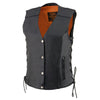 Milwaukee Leather women's black leather motorcycle vest with V-neck, side lace details, and front snap closure.