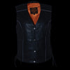 Milwaukee Leather women's black leather V-neck motorcycle vest with side laces and front snap closure, designed for riding comfort.