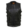 Milwaukee Leather women's club-style SWAT rider vest with single panel back for patches, black leather, front view.