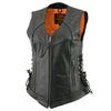 Black Milwaukee Leather women's motorcycle vest with V-neck, riveted details, and side lace, designed for a classic rider look.