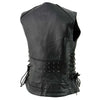 Milwaukee Leather women's black leather motorcycle vest with V-neck, riveted details, and side lace, shown from the back.