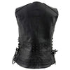 Milwaukee Leather women's black leather motorcycle vest with V-neck, riveted details, and side lace, shown from the back.