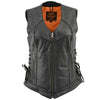 Milwaukee Leather women's black leather vest with V-neck, riveted details, side lace, designed for motorcycle riders.