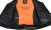 Milwaukee Leather Women's black leather motorcycle vest with V-neck, riveted details, side laces, and front patch zipper.