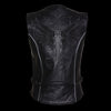 Women's black leather motorcycle rider vest with side laces, reflective detailing, and studded wing embellishments by Milwaukee Leather.