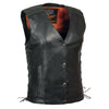 Women's black leather motorcycle vest by Milwaukee Leather with side laces, reflective accents, and studded black wing details.