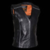 Women's black leather motorcycle rider vest with side laces, reflective details, studded black wings, by Milwaukee Leather.