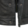 Women’s black leather motorcycle rider vest by Milwaukee Leather with concealed dual closure and "Lashes" club style design.