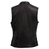 Back view of Milwaukee Leather women's black leather motorcycle rider vest with concealed dual closure and "Lashes" club style design.