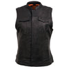 Milwaukee Leather women's black leather motorcycle rider vest with concealed dual closure and lash details, style MLL4512.