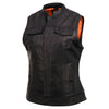 Black leather women's motorcycle vest with "Lashes" design, concealed dual closure, from Milwaukee Leather, styled for club riding.