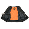 Inside view of Milwaukee Leather women’s black leather motorcycle vest with concealed dual closure and club style design.