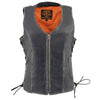 Milwaukee Leather Women's black leather vest with front zipper closure, tailored fit, and classic style.