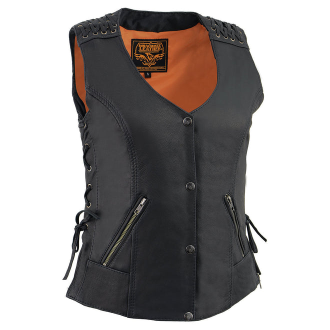 Milwaukee Leather women's black lightweight lace-to-lace motorcycle vest with lower zipper and expansion panels, shown on a model.