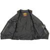 Milwaukee Leather women's black naked leather motorcycle rider vest with stretch side panels and front zip closure.