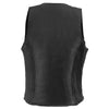 Milwaukee Leather women's black naked leather motorcycle rider vest with stretch side panels and front zip closure.