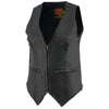 Milwaukee Leather women's black naked leather motorcycle rider vest with stretch side panels and front zip closure.