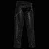 Milwaukee Leather women's black chaps with crinkled stripes, reflective trim, designed for motorcycle riding.