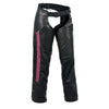 Milwaukee Leather women's black crinkled stripe motorcycle chaps with fuchsia accents, reflective trim, designed for riding safety and style.