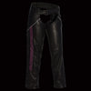 Milwaukee Leather women's black chaps with purple crinkled stripes and reflective trim, designed for motorcycle riding.