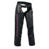 Milwaukee Leather women's black chaps with purple crinkled stripes and reflective trim, designed for motorcycle riding.