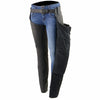 Black Milwaukee Leather women's motorcycle chaps made from lightweight goat skin with crinkled stripes and reflective details.