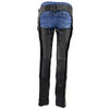 Black Milwaukee Leather women's chaps made of lightweight goat skin with crinkled stripes and reflective details for motorcycle riding.