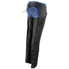 Black Milwaukee Leather women's chaps made of lightweight goat skin with crinkled stripes and reflective details, designed for motorcycle riding.