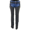Black Milwaukee Leather women's chaps made of lightweight goat skin with crinkled stripes and reflective details for motorcycle riding.