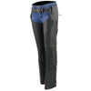 Milwaukee Leather women's black lightweight goat skin chaps with crinkled stripes and reflective details for motorcycle riding.