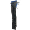Black Milwaukee Leather women's motorcycle chaps made of lightweight goat skin with crinkled stripes and reflective details.