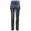 Black Milwaukee Leather women's lightweight goat skin motorcycle chaps with crinkled stripes and reflective details.