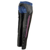 Black Milwaukee Leather women's motorcycle chaps made of lightweight goat skin with crinkled stripes and reflective details.