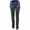 Black Milwaukee Leather women's motorcycle chaps made of lightweight goat skin with crinkled stripes and reflective details.