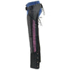 Black Milwaukee Leather women's motorcycle chaps made of lightweight goat skin with crinkled stripes and reflective details.
