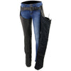 Black Milwaukee Leather women's lightweight goat skin motorcycle chaps with crinkled stripes and reflective detailing.