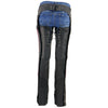 Black Milwaukee Leather women's chaps made of lightweight goat skin with crinkled stripes and reflective details, designed for motorcycle riding.