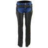 Black Milwaukee Leather women's chaps made of lightweight goat skin with crinkled stripes and reflective details, designed for motorcycle riding.