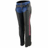 Black Milwaukee Leather women's motorcycle chaps made of lightweight goat skin with crinkled stripes and reflective accents.
