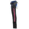 Black Milwaukee Leather women's motorcycle chaps made of lightweight goat skin with crinkled stripes and reflective details.
