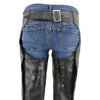 Milwaukee Leather women's black motorcycle chaps with 4-buckle accents, lace detailing on the thighs, designed for riding comfort and style.