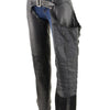 Black Milwaukee Leather women's motorcycle chaps with four-buckle accents and lace details on the thighs, designed for riding comfort.