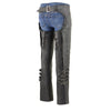 Milwaukee Leather women's black naked skin chaps with four-buckle accents on the bottom and thigh lace detail, motorcycle style.