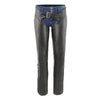 Milwaukee Leather women's black chaps with four-buckle accents on the bottom and thigh lace details, designed for motorcycle riding.
