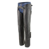 Black Milwaukee Leather women's motorcycle chaps with four-buckle accents, thigh lace detailing, designed for riding comfort and style.