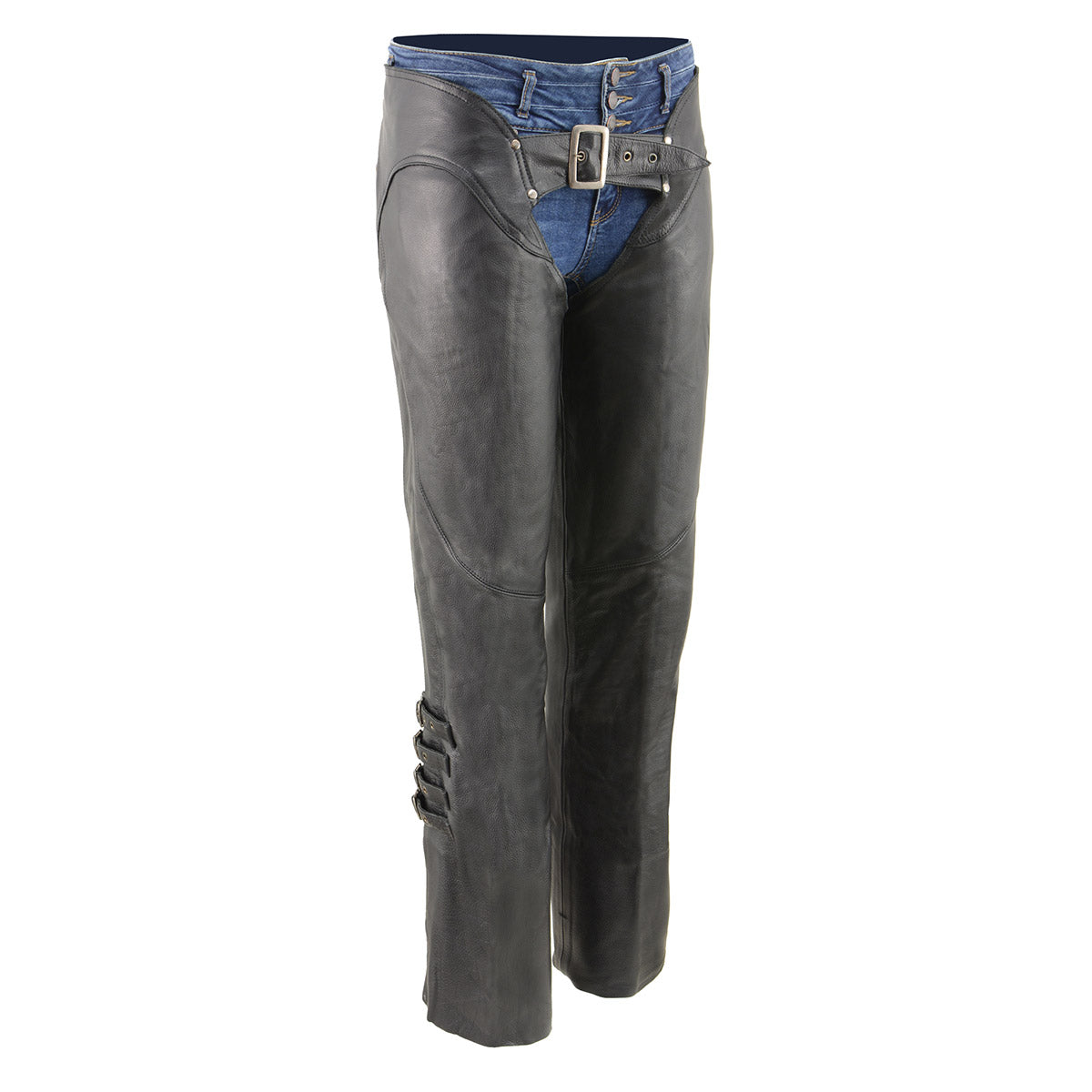 Black Milwaukee Leather women's motorcycle chaps with four-buckle accents, thigh lace details, and naked skin style.