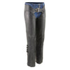 Black Milwaukee Leather women's motorcycle chaps with four-buckle accents, thigh lace detail, and sleek naked skin design.